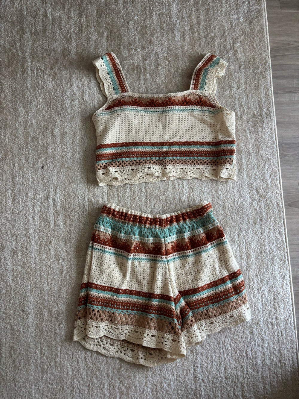 Rebecca Taylor Cream Crochet Set with Rust and Teal Stripes